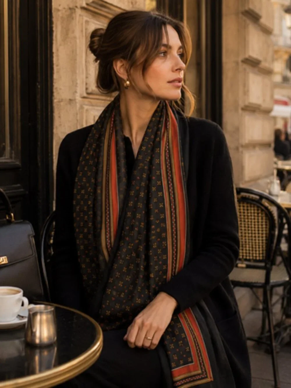 Vintage-Inspired Geometric Border Scarf | Paris Café Quiet Luxury Style